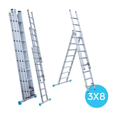 Stabilna drabina trzyelementowa Eurostairs (Euroscaffold) 3 x 8 - wysokość robocza do 5,75 m